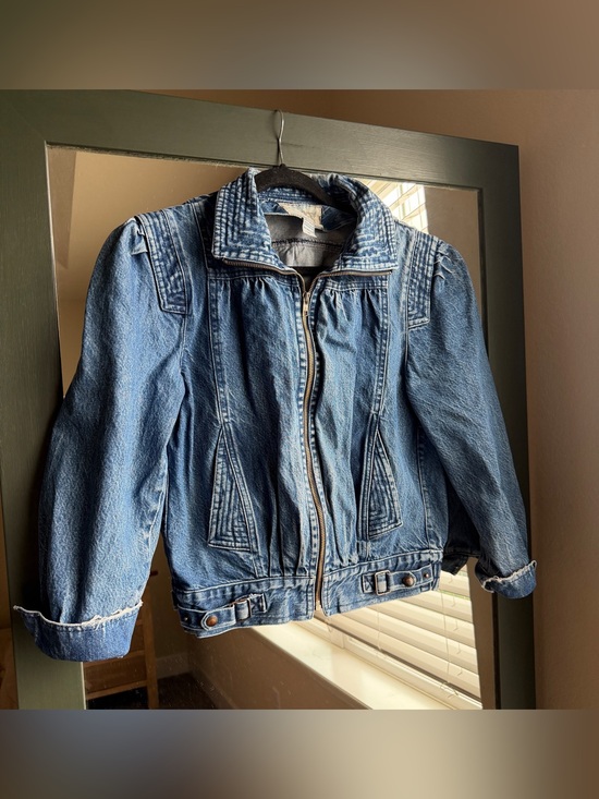 Learsi Jackets & Blazers - Vintage 80s Learsi Puffed Shoulder Denim Jacket M Boho Acid Wash Moto Bomber